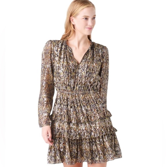 ba&sh Dresses & Skirts - Ba&sh glen mini dress tiered skirt silk blend metallic long sleeve leaf print xs